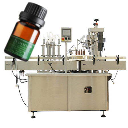 Farmacinė skysčių pildymo mašina su butelių užpildymo dangteliu ir etikečių klijavimo mašina, automatinė butelių pildymo mašina